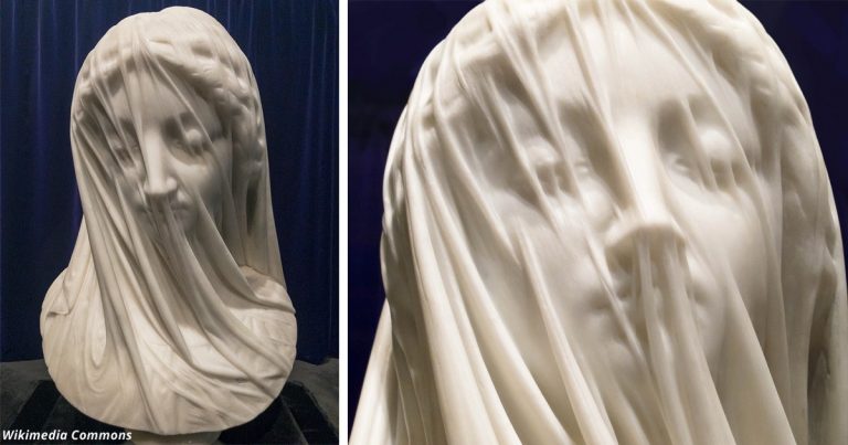 Mramorová Panna Mária pod závojom je jednou z najlepších sôch 19. Storočia. Takto vyzerá