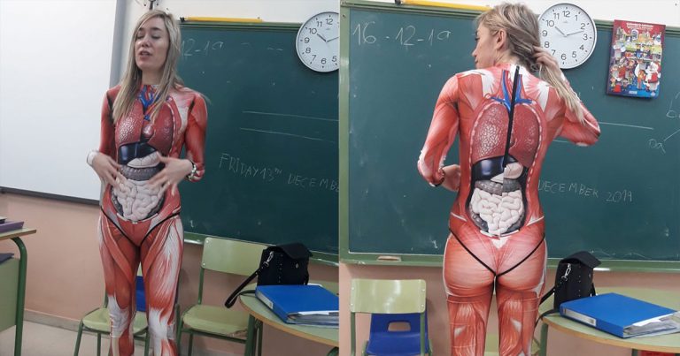 Učiteľka anatómie ponúkla žiakom zaujímavé vysvetlenie učiva v celotelovom kostýme