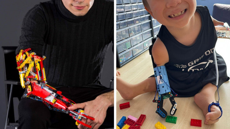 Muž stavia protetickú ruku LEGO pre osemročného chlapčeka